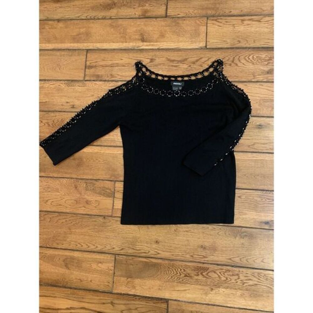 Radzoli Womens L Black Sweater Blouse Crochet 3/4 Sleeve / Back Rayon Blend Top